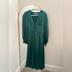 Reformation Green Gown with Plunge Neckline and Bishop Sleeves